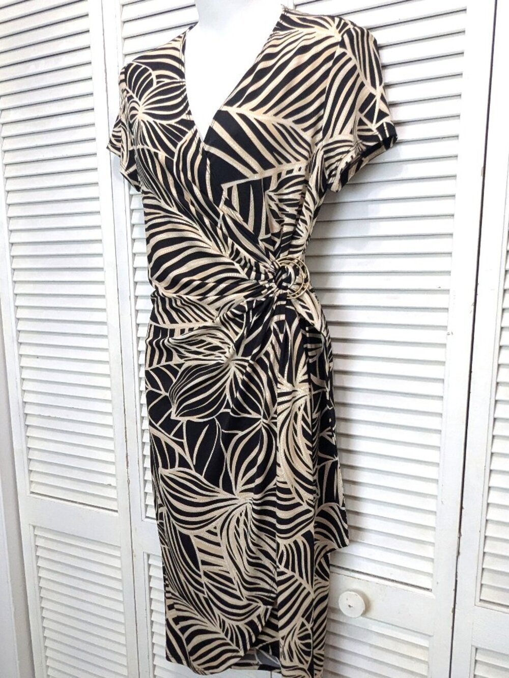 Joseph Ribkoff Faux Wrap Midi Dress Cocktail Black tan gold Cap Sleeve Size 8